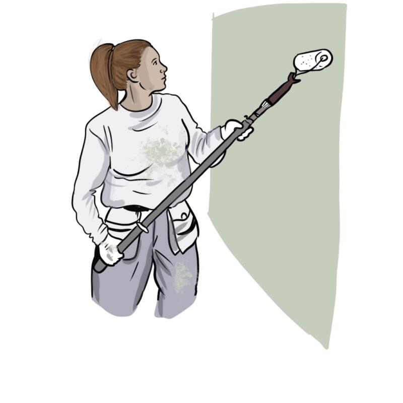 Illustration av En kvinna som målar en vägg med en roller och har arbetskläder på sig.