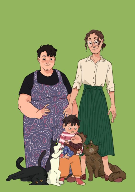 family portrait, cats, parents and toddlers, LGBT family
