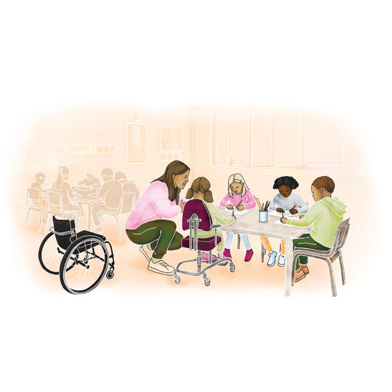 Illustration av förskoleklass i klassrum med pedagog som hjälper rullstolsburen flicka med skolarbete