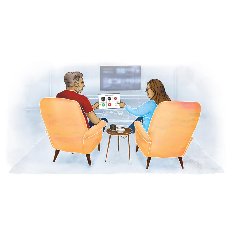 Illustration av en man och en kvinna som kommunicerar med bildstöd inför val av tv-program