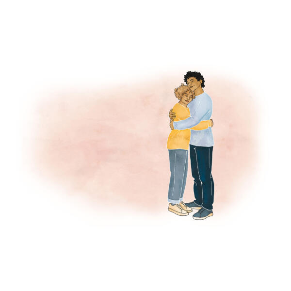 Illustration av kvinna och man som omfamnar varandra i en hjärtlig kram