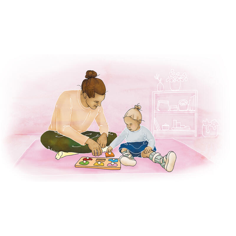 Illustration av pappa som leker med barn med ortos på benen, rörelsenedsättning