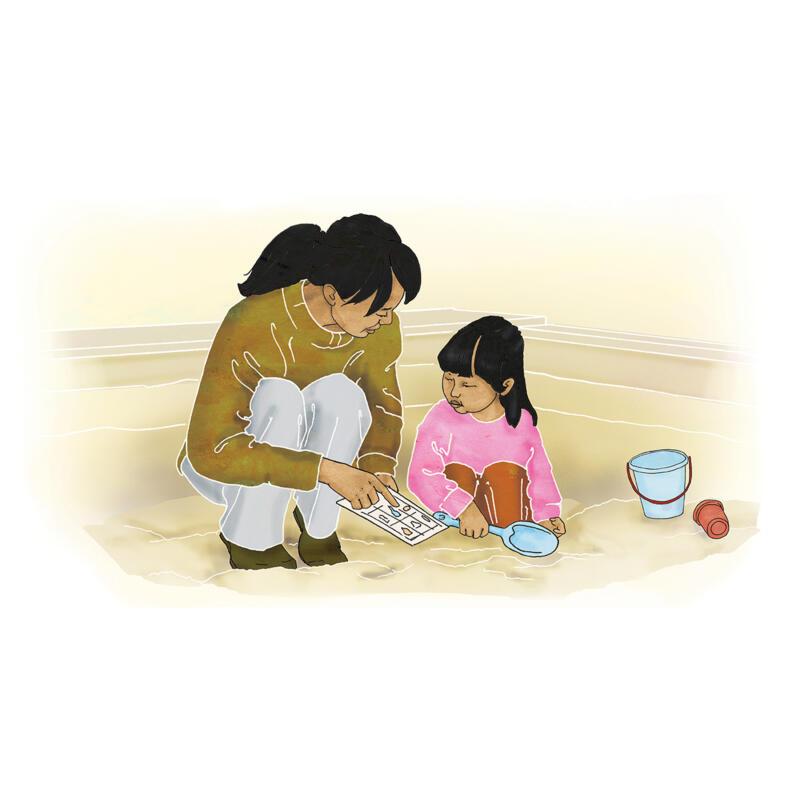 Illustration av mamma och barn som kommunicerar med bildstöd i en sandlåda 