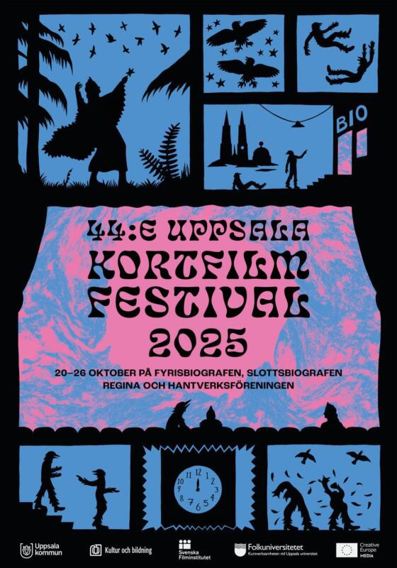 Affisch av Sebastian Larsmo till Uppsala Kortfilmfestival 2025. Inspirerad av  animatören Lotte Reiniger.