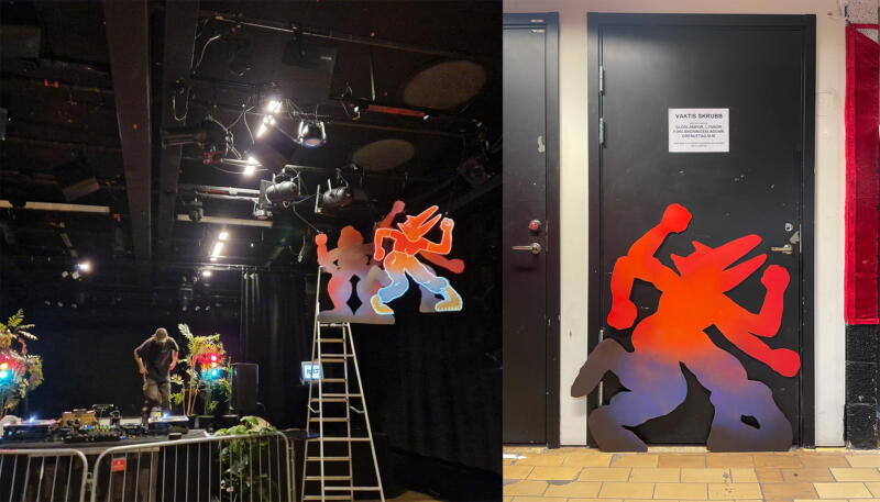 Foto som visar arbetet med att montera konstinstallationen för klubb Melt vol 5 på Inkonst.