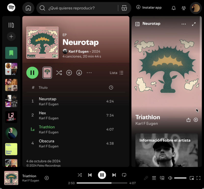 Ett skärmdump av Spotify på en webbläsare med Neurotap EP av Karl F Eugen med design av Skinny Gonzales.