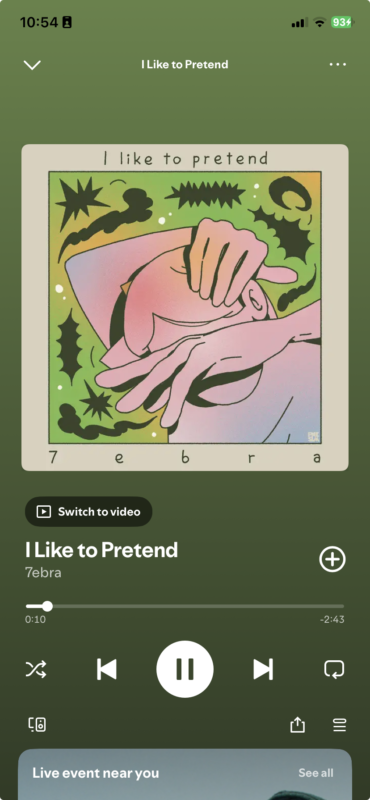 Skärmdump från Spotify som visar singeln I Like to Pretend av 7ebra.