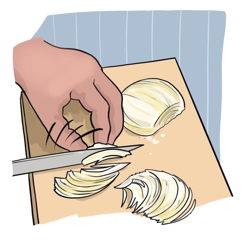 En Illustration av en person som skär lök.