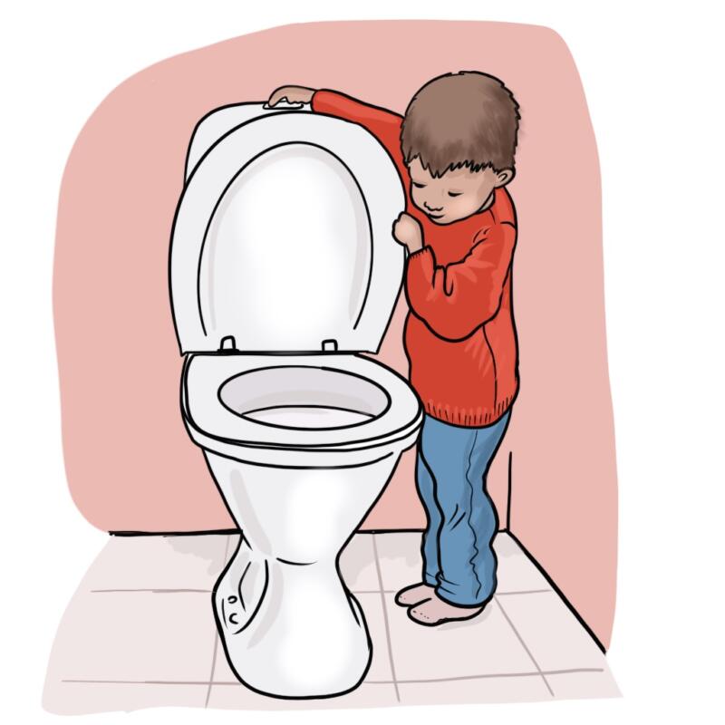 En Illustration av ett litet barn som spolar på toaletten.