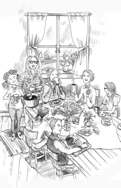 Illustration av några flickor och pojkar som äter frukost i ett kök på deras ridläger.