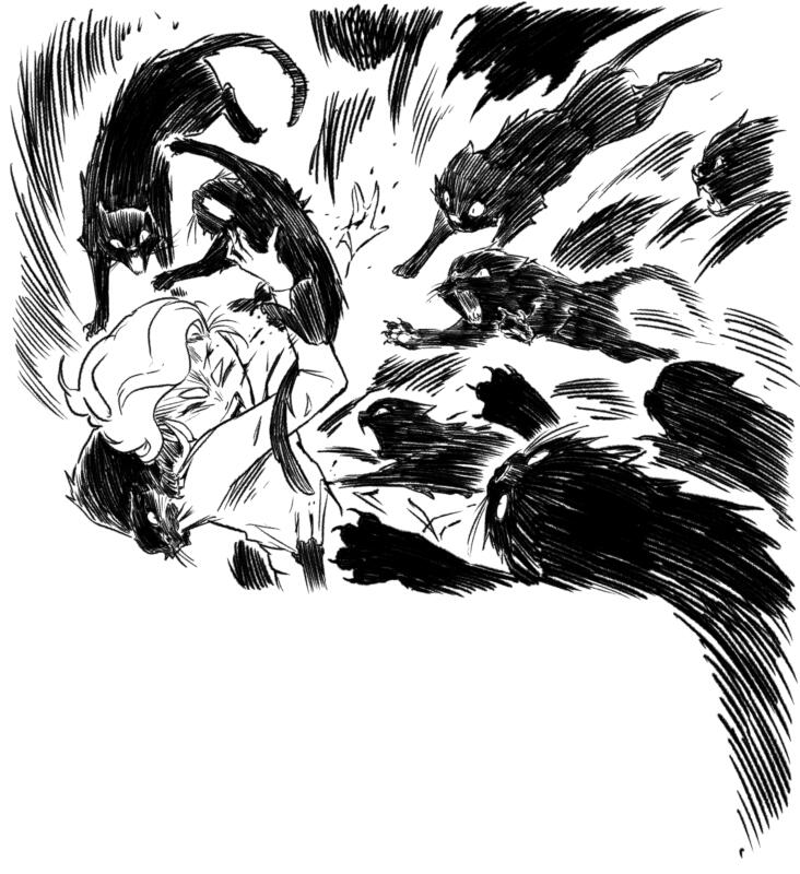 svart vit illustration av en tjej som blir attackerad av mång svarta katter som kastar sig över henne från alla håll