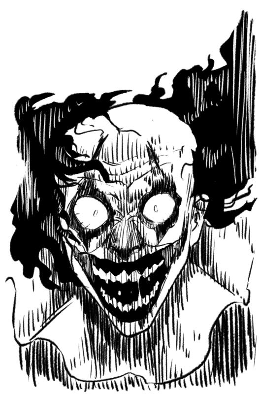 svart vit illustration av en hemsk clown som skrattar obehagligt