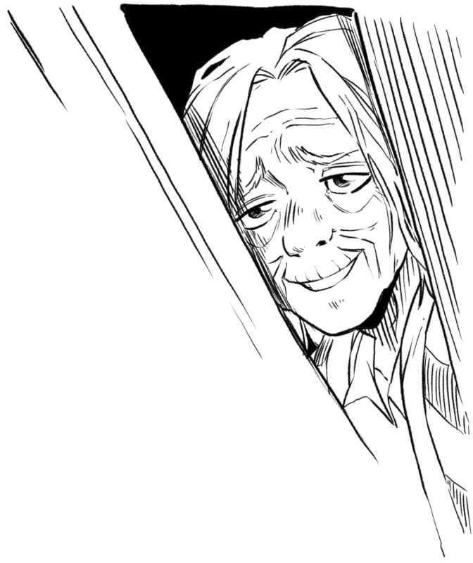 Svart vit illustration av en gammal kvinna som öppnar en dörr försiktigt och ger ett vänligt leede