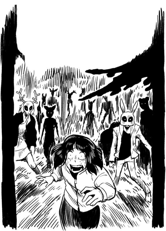 svart vit illustration av en ung tjej som desperat springer iväg från flera mänskliga skepnader iklädda djurmasker