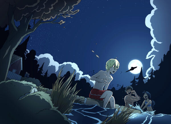 illustration i färg för ett bokomslag, tre ungdomar badar en sensommarnatt, en av dom ser något flyga förbi månen