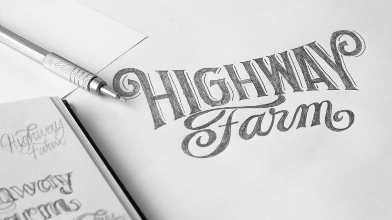 En bild som visar en av de handritade skisserna för Highway Farms logotyp.