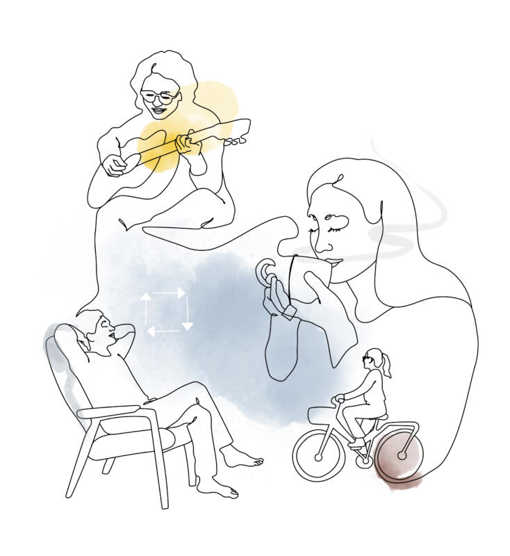 Illustration som gestaltar återhämtning, vila och olika fritidssysslor. 