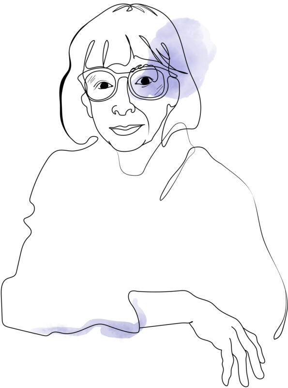 Tecknat porträtt av författaren Joan Didion