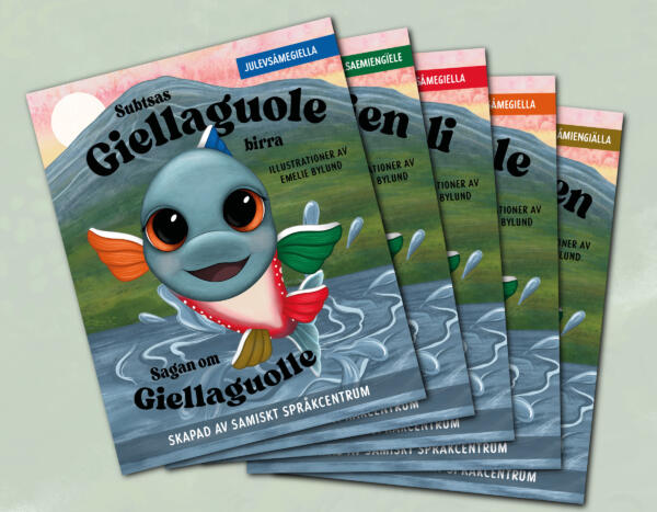 Versionerna av omslaget för bilderboken Sagan om Giellaguolli på de fem olika samiska språken.