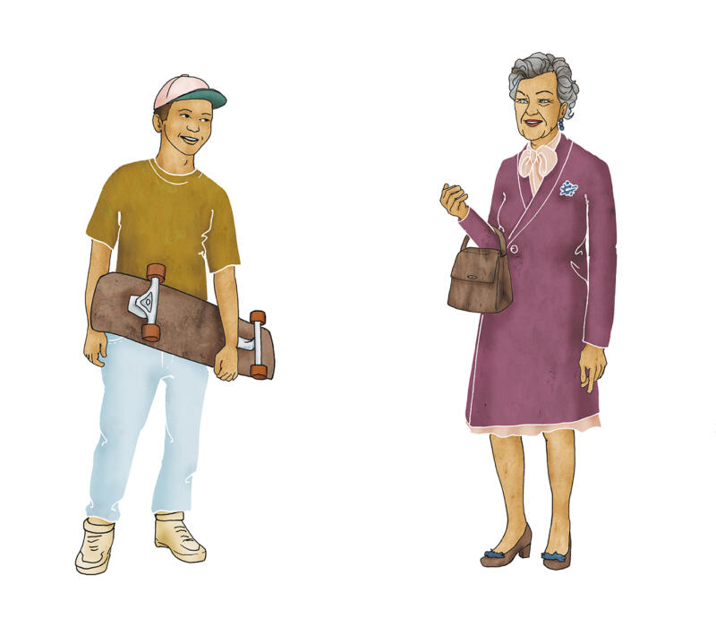 Illustration av kille med skateboard hälsar på parant dam med handväska