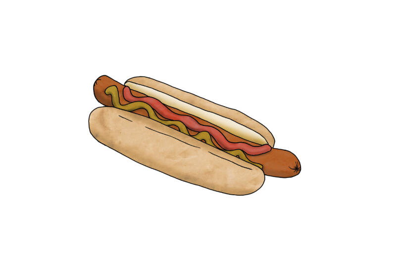 Illustration av korv och bröd med ketchup och senap