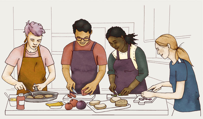 Illustration av ett kompisgäng som lagar mat tillsammans i ett kök