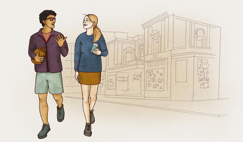 Illustration av kille och tjej som promenerar och pratar i stadsdelen Schanze 