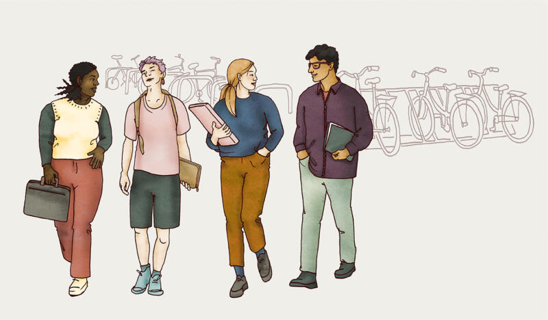 illustration av fyra kompisar som promenerar tillsammans till skolan