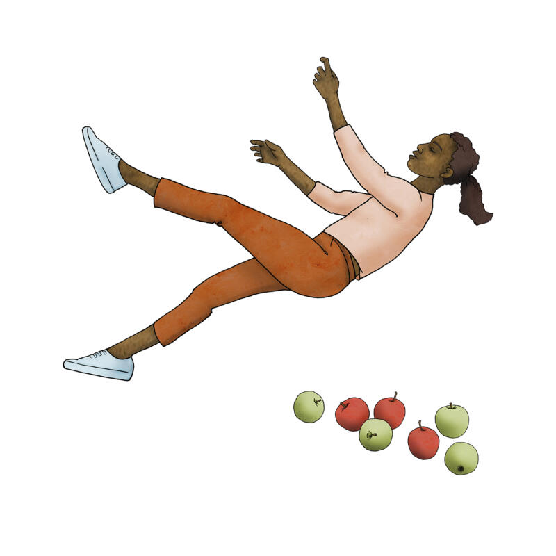 Illustration av young woman falls and lands on apples lying on the ground.