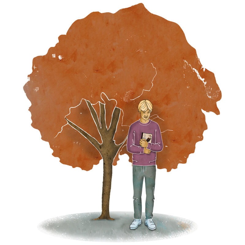 Illustration av lång kille håller bok om ornitologi  och står under ett träd i höstskrud