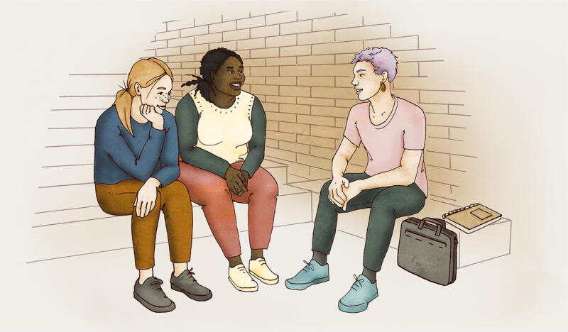 Illustration av tre kompisar som sitt i trappa på skola och pratar