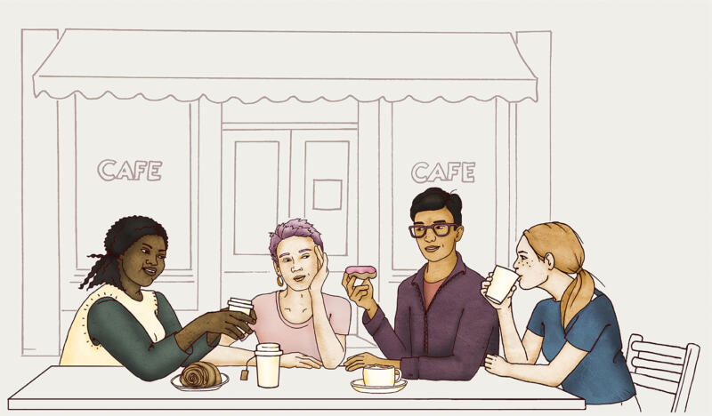 Illustration av ett ungdomsgäng fikar på ett kafé