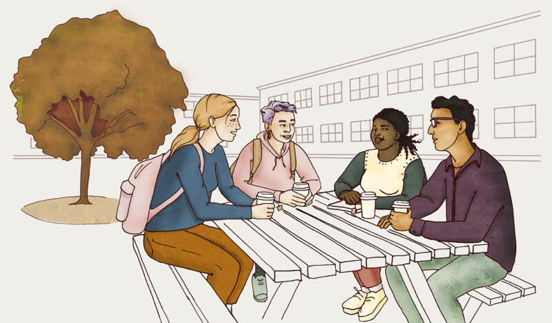 Illustration av Fyra ungdomar som sitter vid ett bord utanför skolan och dricker te