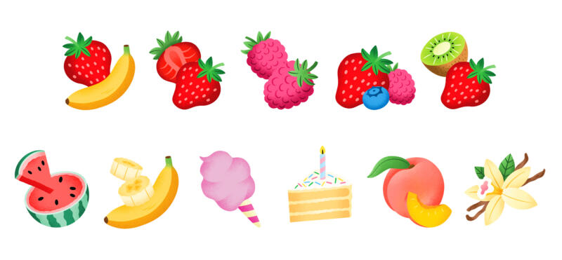 illusstrationer mat jordgubbe banan hallon kiwi vattenmelon sockervadd tårta persika vanilj