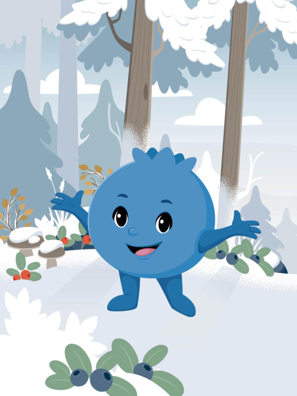 Karaktärsdesign av ett glatt och gulligt blåbär i vektorformat. Karaktären fungerar som en maskot för skidorten Orsa Grönklitt och han älskar Dalarnas skog och natur.