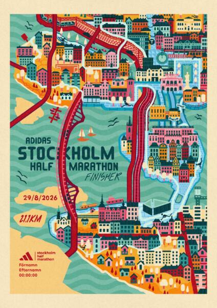 Illustrated poster over Stockholm in bright colours as a stylized map. ’Stockholm Half Marathon Finisher 2026’ is written on the poster.