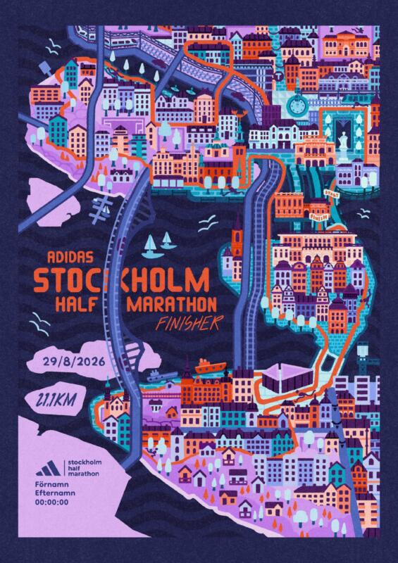 Illustrated poster over Stockholm in bright colours as a stylized map. ’Stockholm Half Marathon Finisher 2026’ is written on the poster.