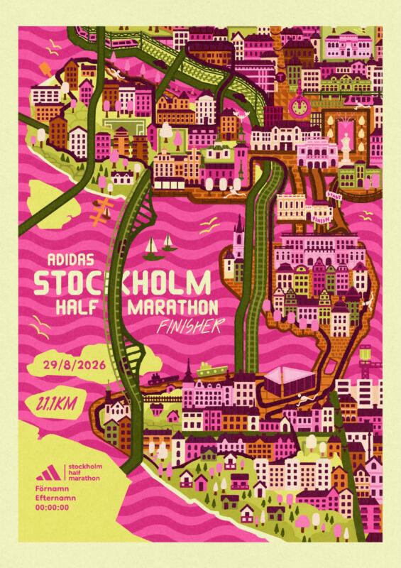 Illustrated poster over Stockholm in bright colours as a stylized map. ’Stockholm Half Marathon Finisher 2026’ is written on the poster.