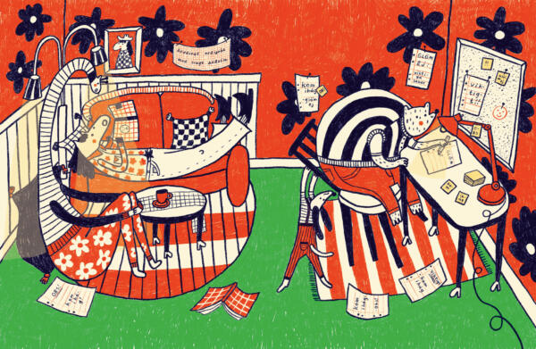 djur läsa bok vardagsrum bokomslag illustration 