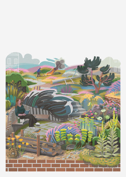Illustration för Nyansera Grönt 3 av illustratören Nils-Petter Ekwall, med växter och grönska i fokus och subtila arkitektoniska former i vit linjeteckning.