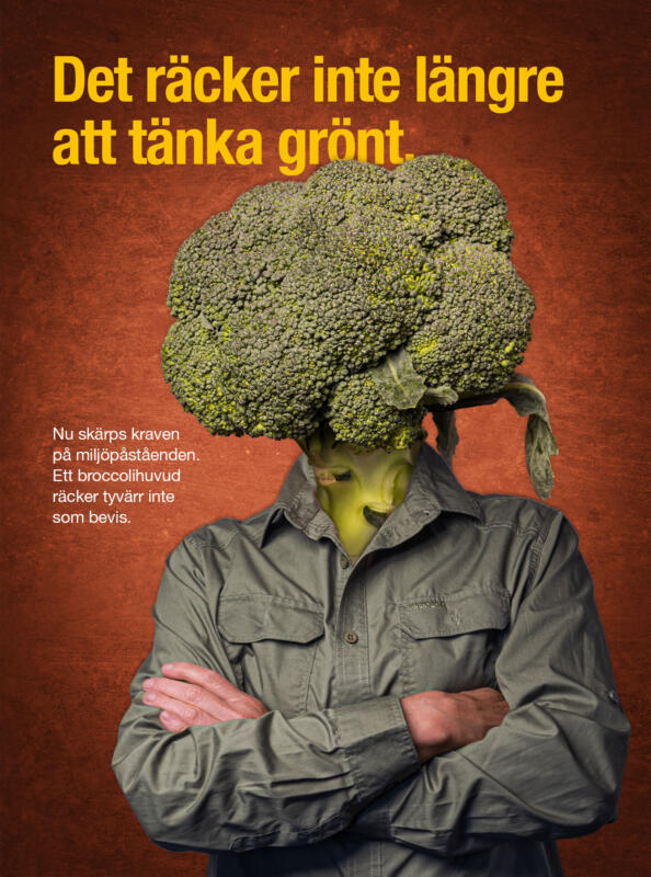 Annons för ny miljölagstiftning föreställande person med armarna i kors och med ett huvud av broccoli.