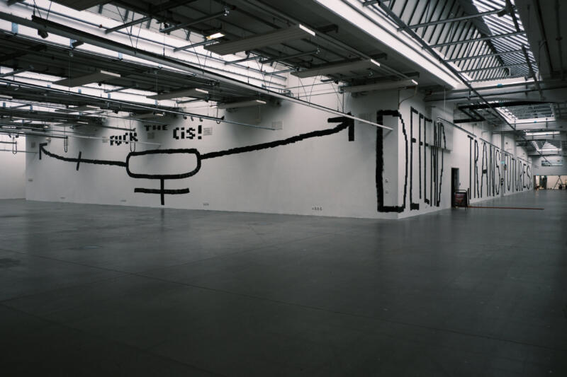 En gigantisk mural av svart text och symboler på vit bakgrund fyller två vägg runt ett hörn i ett stort öppet utrymme. Texten säger "Fuck the Cis!" och "Defend Trans Futures!"