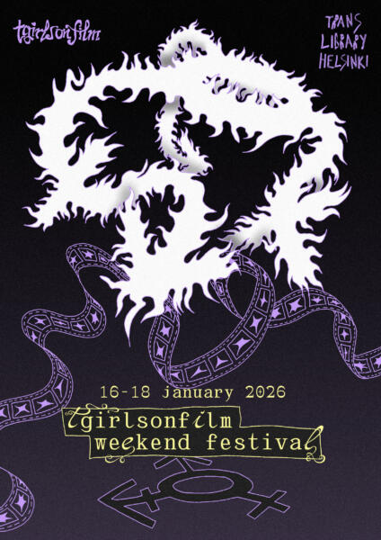 Affisch till filmfestivalen, som visar ett stort svävande, spetsig transsymbol och titeln "tGirlsOnFilm weekend festival".