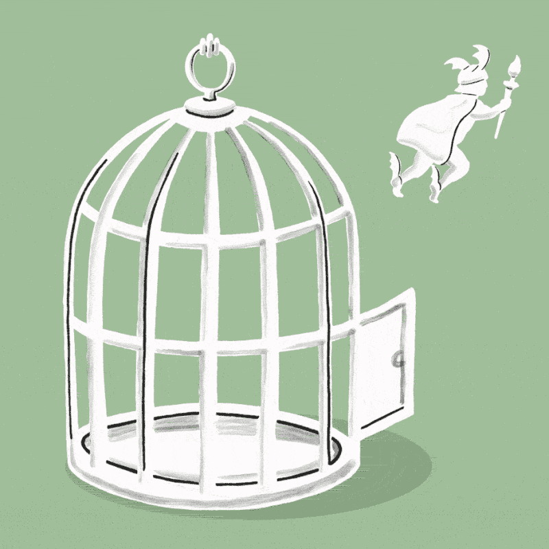 2d line drawn animation loop, cage, Hermes, flying
