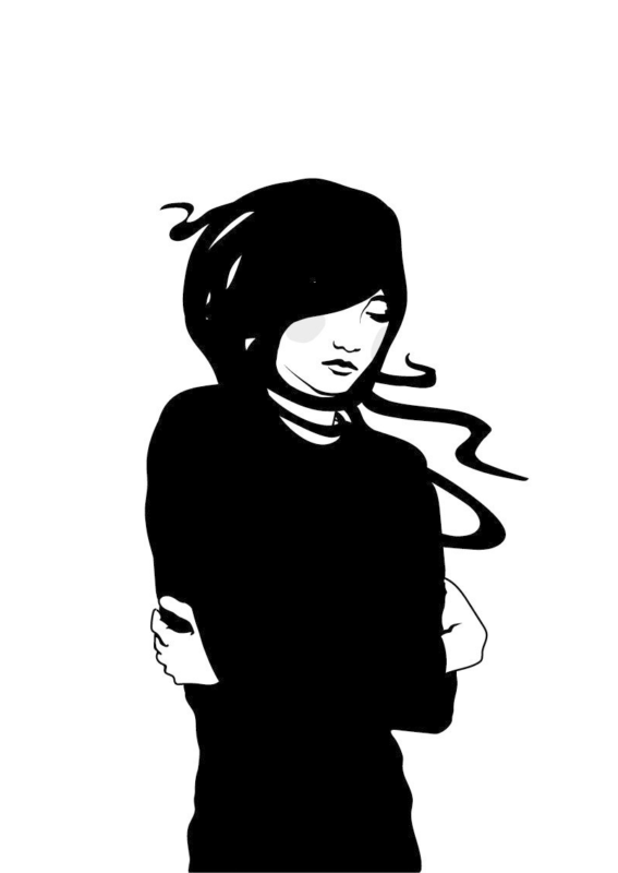 Svartvit illustration av en nedstämd person som representerar skuld och skam.