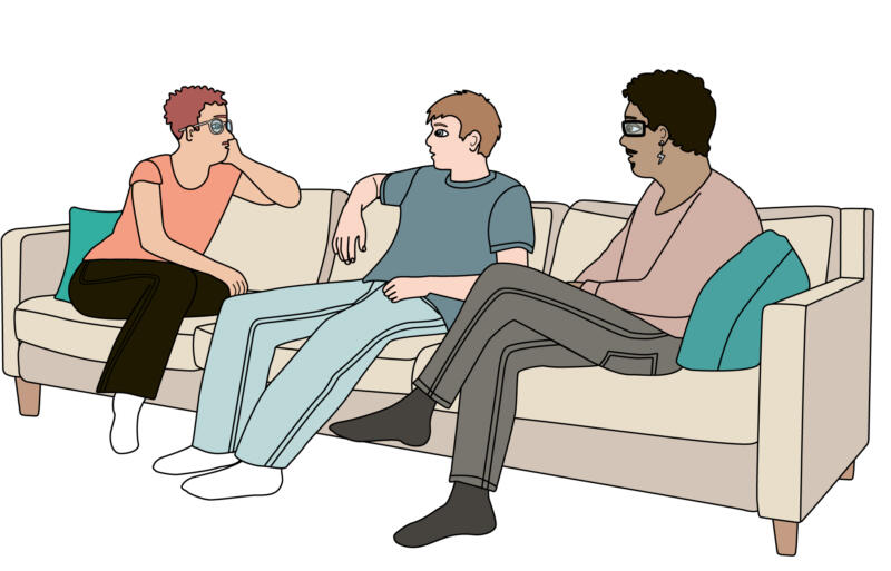 Illustration av två pappor som pratar med sin son