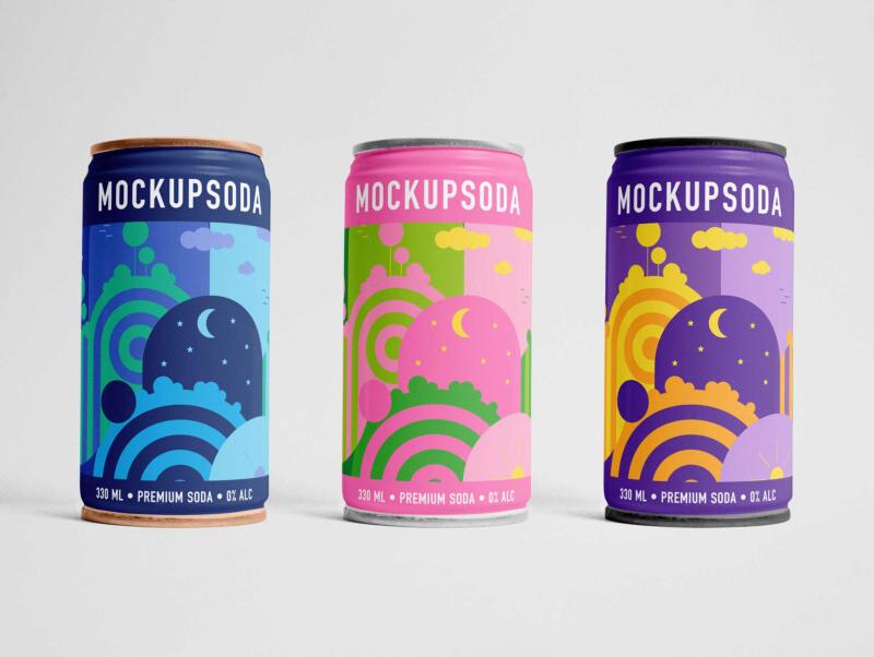 Design för tre olika drycker med samma illustration i olika färgställningar