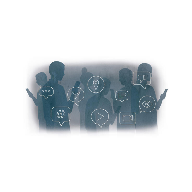 Blågrå Illustration av personer som silhuetter med mobiltelefoner där digitalt näthat förekommer