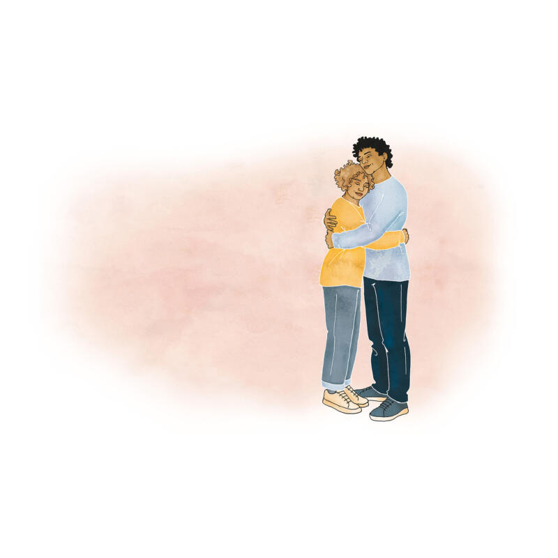 Illustration av kvinna och man som omfamnar varandra i en hjärtlig kram 