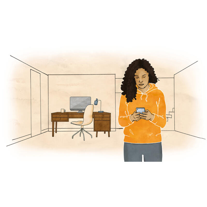 En illustration av en ung kvinna skriver sms på mobilen i ett rum med skrivbord